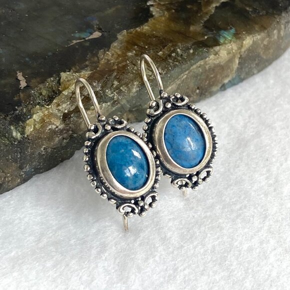 Sterling Silver 925 Oval Blue Denim Lapis Scrollwork Dangle Kidney Wire Earrings - Picture 3 of 16